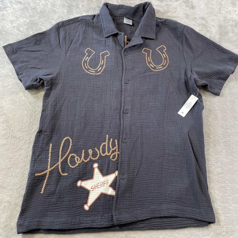 Toy Story 5 Woody Disney Camp Shirt Mens Large Gray Button Western Embroidered
